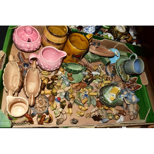 532 - FOUR BOXES AND LOOSE DECORATIVE CERAMICS AND ORNAMENTS ETC, to include a quantity of Wade Whimsies, ... 