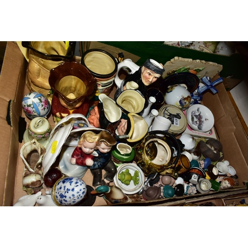 532 - FOUR BOXES AND LOOSE DECORATIVE CERAMICS AND ORNAMENTS ETC, to include a quantity of Wade Whimsies, ... 