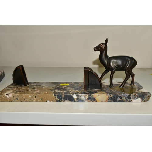 534 - A FRENCH ART DECO SCULPTURE OF TWO DEER, one lying one standing, mounted to a marble base, approxima... 