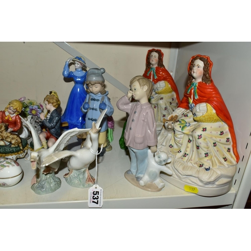 537 - A QUANTITY OF DECORATIVE CERAMICS ETC,  to include two Staffordshire style Red Riding Hood and Wolf ... 