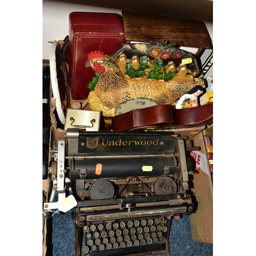 538 - TWO BOXES AND LOOSE SUNDRY ITEMS ETC, to include an Underwood manual typewriter, Ross 7x42 binocular... 