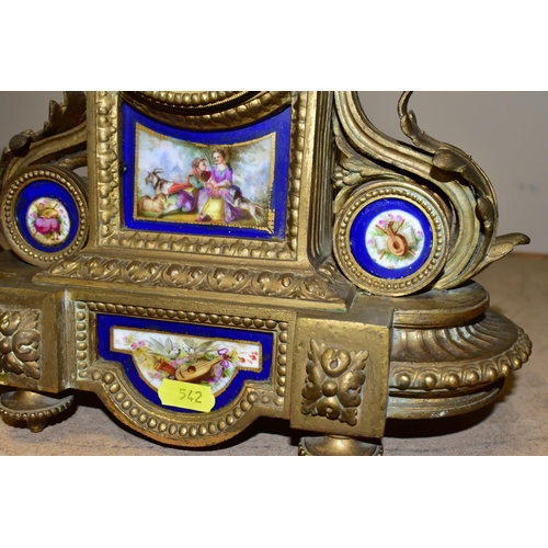 542 - A FRENCH STYLE GILT METAL CHIMING MANTLE CLOCK, hand painted porcelain dial and inset plaques, appro... 