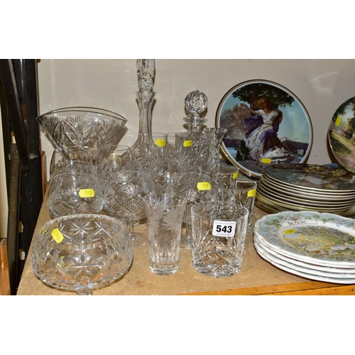 543 - A SMALL QUANTITY OF CUT GLASS AND ASSORTED COLLECTORS PLATES, cut glass includes a square decanter, ... 