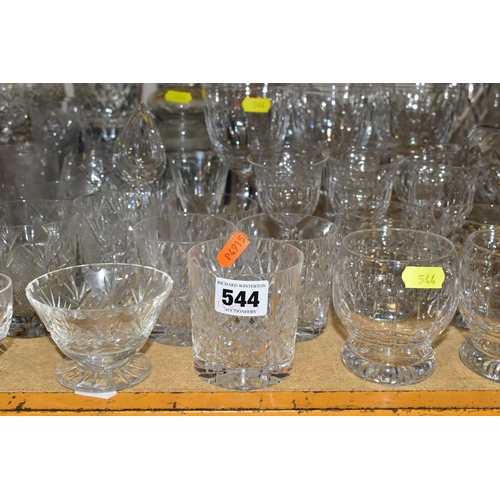 544 - A QUANTITY OF CUT GLASS ETC, to include a Stuart carafe, a pair of boxed Stuart whiskey tumblers, un... 