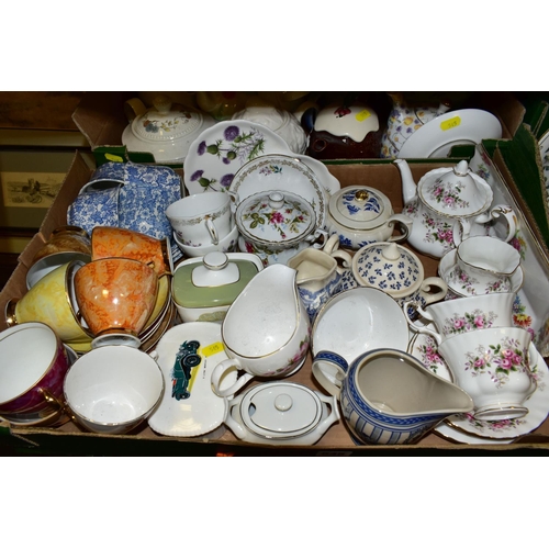 545 - FOUR BOXES OF TEA WARES ETC, to include Crown Staffordshire 'Apple Blossom', Queen Anne rose pattern... 