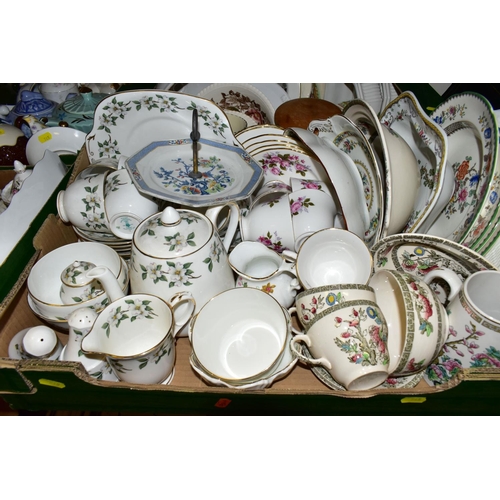 545 - FOUR BOXES OF TEA WARES ETC, to include Crown Staffordshire 'Apple Blossom', Queen Anne rose pattern... 