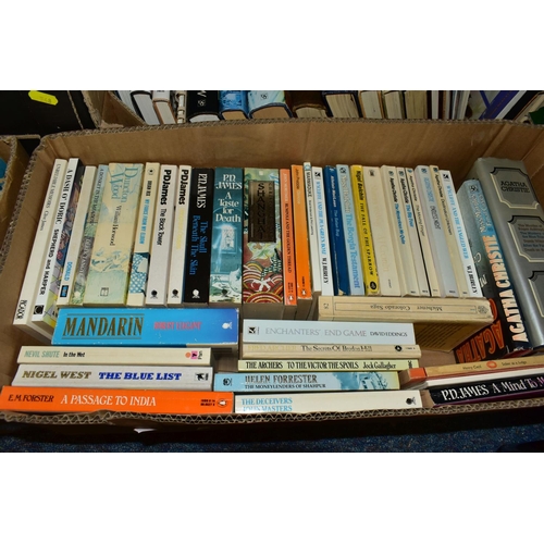 548 - SEVEN BOXES OF ASSORTED BOOKS, to include fourteen P.G Wodehouse titles published by Herbert Jenkins... 