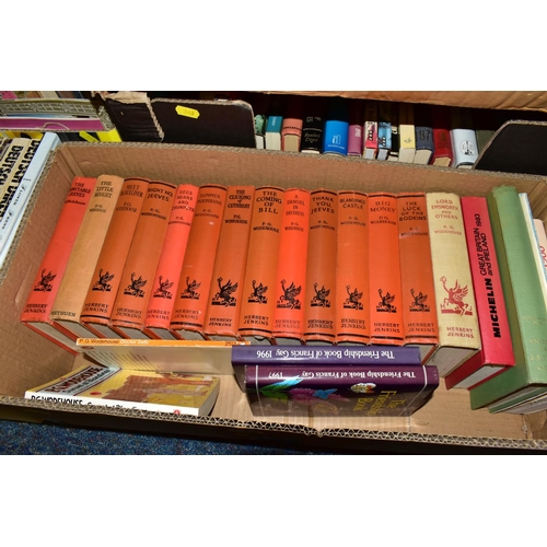 548 - SEVEN BOXES OF ASSORTED BOOKS, to include fourteen P.G Wodehouse titles published by Herbert Jenkins... 