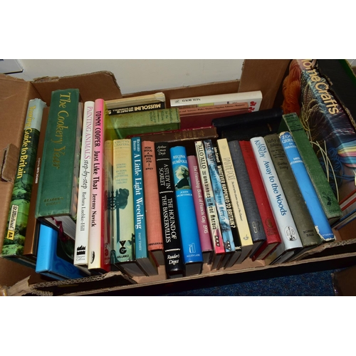 548 - SEVEN BOXES OF ASSORTED BOOKS, to include fourteen P.G Wodehouse titles published by Herbert Jenkins... 