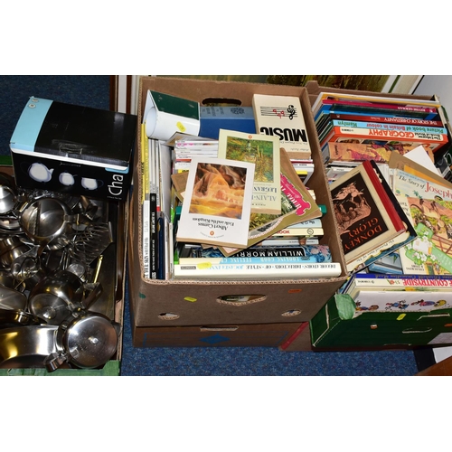 551 - FIVE BOXES OF ASSORTED BOOKS AND STAINLESS STEEL UTENSILS, one box containing a miscellaneous collec... 