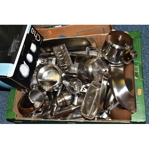 551 - FIVE BOXES OF ASSORTED BOOKS AND STAINLESS STEEL UTENSILS, one box containing a miscellaneous collec... 