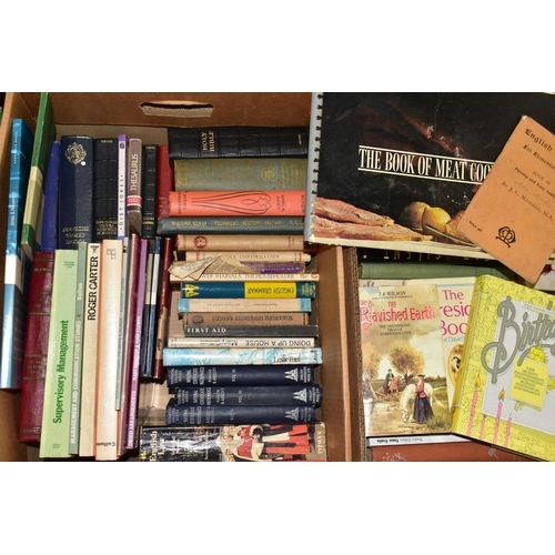 551 - FIVE BOXES OF ASSORTED BOOKS AND STAINLESS STEEL UTENSILS, one box containing a miscellaneous collec... 