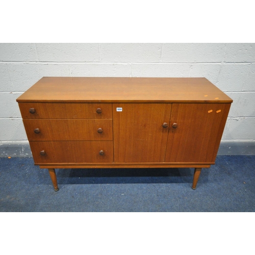 1198 - A MID-CENTURY TEAK SIDEBOARD, with three graduated drawers, besides double cupboard doors, width 122... 