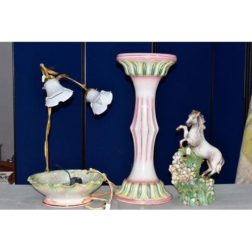 1215A - A LATE 20TH CENTURY ITALIAN CERAMIC THREE SECTION WATER FEATURE LAMP, comprising a pair of lamps wit... 