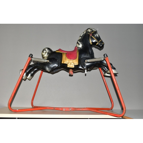 1235A - A 1960'S METAL ROCKING HORSE ON A SPRUNG FRAME, possibly by Mobo, height 90cm x length 101cm (Condit... 