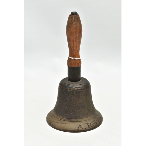 1011A - A 1939 A.R.P. (AIR-RAID PRECAUTIONS) WARDEN'S BELL, wooden handle, stamped J.B. 39 at the top of the... 