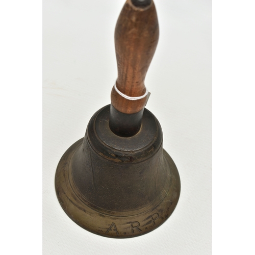 1011A - A 1939 A.R.P. (AIR-RAID PRECAUTIONS) WARDEN'S BELL, wooden handle, stamped J.B. 39 at the top of the... 