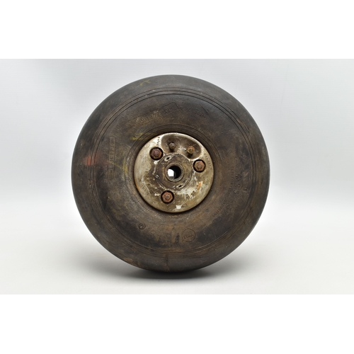 1057A - A WWII AIRCRAFT PNEUMATIC WHEEL, PROBABLY FROM A HAURRICANE OR SPITFIRE, the black rubber marked '4.... 