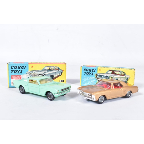 14 - TWO BOXED CORGI TOYS AMERICAN CARS, Buick Riviera, No.245, metallic gold body, red interior, spoked ... 