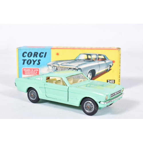 14 - TWO BOXED CORGI TOYS AMERICAN CARS, Buick Riviera, No.245, metallic gold body, red interior, spoked ... 