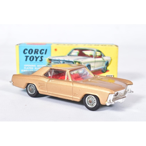 14 - TWO BOXED CORGI TOYS AMERICAN CARS, Buick Riviera, No.245, metallic gold body, red interior, spoked ... 