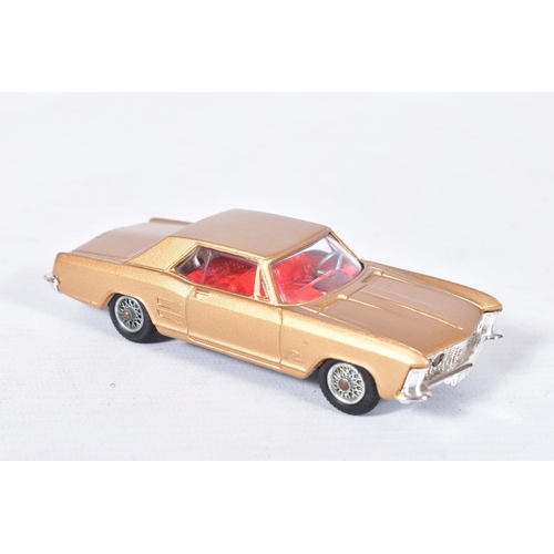 14 - TWO BOXED CORGI TOYS AMERICAN CARS, Buick Riviera, No.245, metallic gold body, red interior, spoked ... 