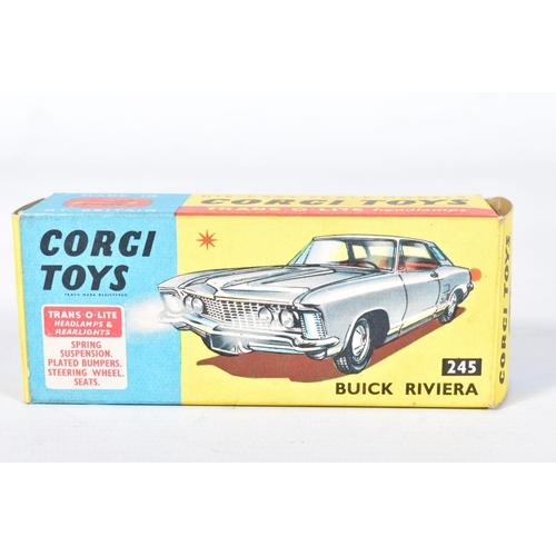 14 - TWO BOXED CORGI TOYS AMERICAN CARS, Buick Riviera, No.245, metallic gold body, red interior, spoked ... 