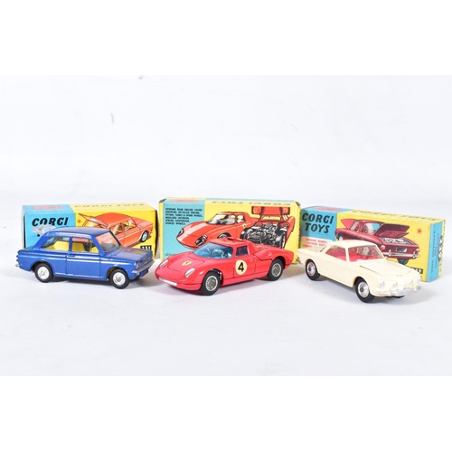 15 - THREE BOXED CORGI TOYS CARS, Volkswagen 1500 Karmann Ghia, No.239, cream body, red interior, complet... 