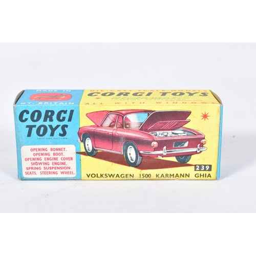 15 - THREE BOXED CORGI TOYS CARS, Volkswagen 1500 Karmann Ghia, No.239, cream body, red interior, complet... 