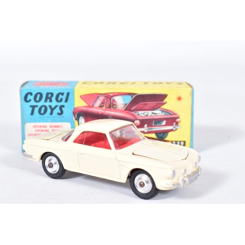 15 - THREE BOXED CORGI TOYS CARS, Volkswagen 1500 Karmann Ghia, No.239, cream body, red interior, complet... 