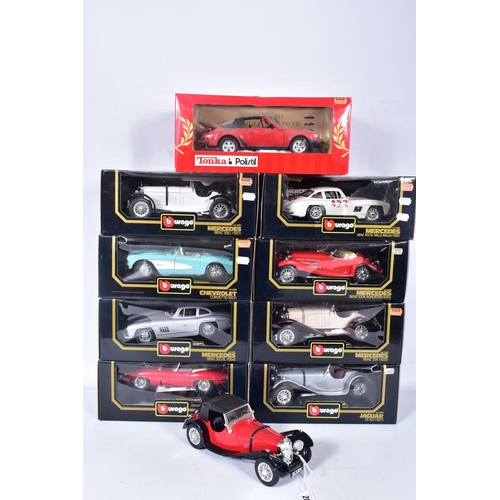 20 - NINE BOXED BBURAGO AND TONKA POLISTIL SPORTS CAR MODELS, all 1/18 scale, all appear largely complete... 