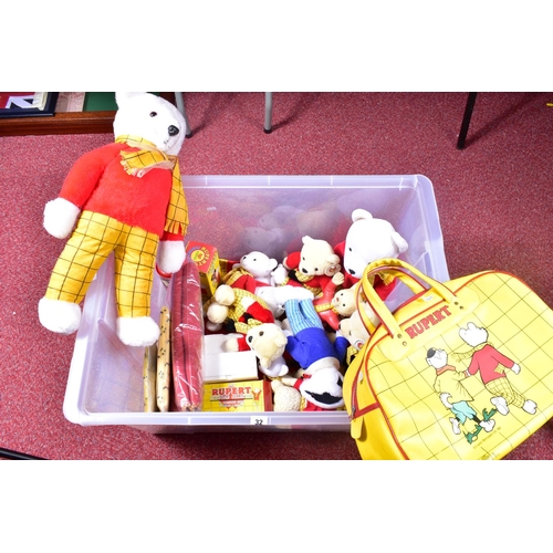 32 - A COLLECTION OF RUPERT THE BEAR AND FRIENDS SOFT TOYS AND COLLECTIBLES, to include a Holdall, assort... 