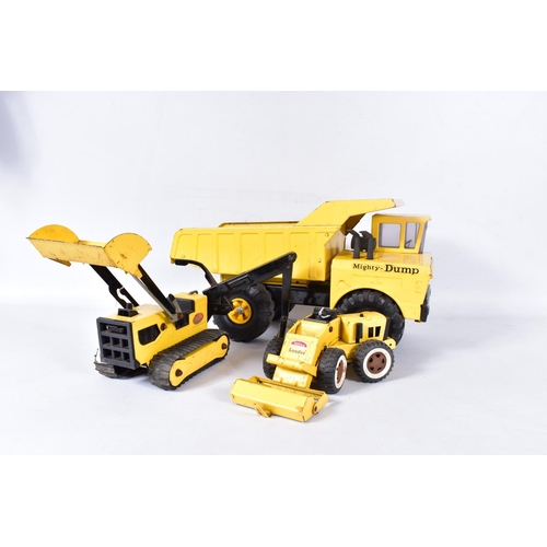 39 - THREE UNBOXED TONKA TOYS, Mighty Dump Truck, wheeled Loading Shovel and tracked Loading Shovel with ... 