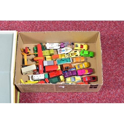 42 - A SCRATCHBUILT WOODEN GARAGE AND A QUANTITY OF UNBOXED AND ASSORTED PLAYWORN DIECAST VEHICLES, garag... 