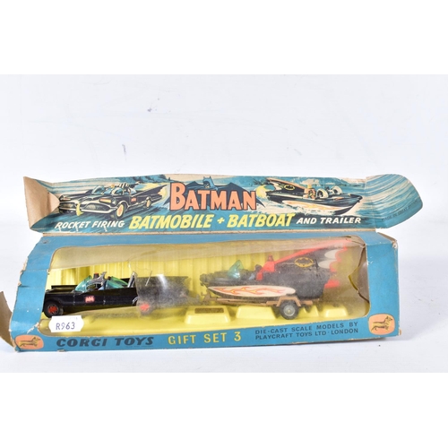 52 - A BOXED CORGI TOYS BATMOBILE AND BATBOAT GIFT SET, No.3, 1st issue, Batmobile, No.267 with Bat logo ... 