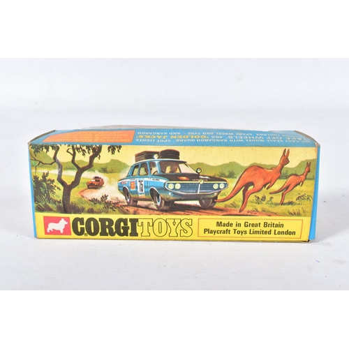 63 - A BOXED CORGI TOYS HILLMAN HUNTER RALLY CAR, No.302, with Golden Jacks wheels, complete with Kangaro... 