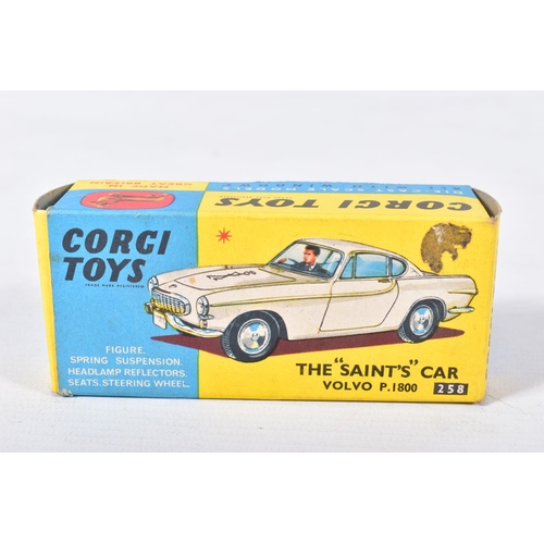 64 - A BOXED CORGI TOYS   THE SAINT'S   VOLVO P.1800, No.258, white body with black 'Saint' logo transfer... 