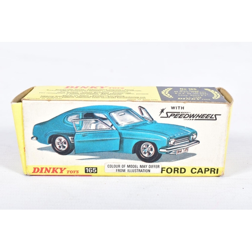 67 - THREE BOXED DINKY TOYS CARS, Ford Capri No.165, metallic purple, Ford Escort, No.168, pale blue and ... 