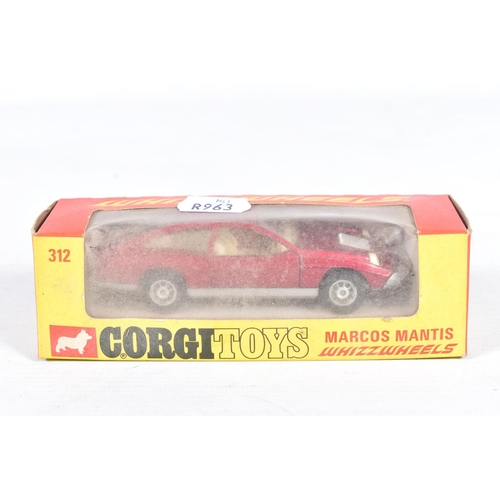 72 - THREE BOXED CORGI TOYS MARCOS CAR MODELS, Whizzwheels Marcos Mantis, No.312, Golden Jacks wheels Min... 