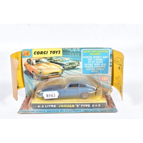 74 - A BOXED CORGI TOYS JAGUAR 4.2 LITRE 'E' TYPE, No.335, metallic blue body, good condition with only m... 