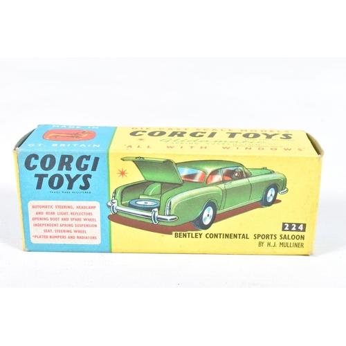 75 - THREE BOXED CORGI TOYS CARS, Bentley Continental Sports Saloon, No.224, cream over green complete wi... 