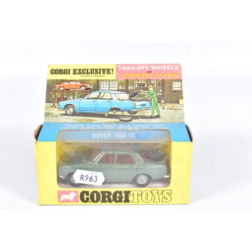 76 - TWO BOXED CORGI TOYS ROVER 2000 TC CAR MODELS, Golden Jacks wheels, No.275, metallic olive green, am... 