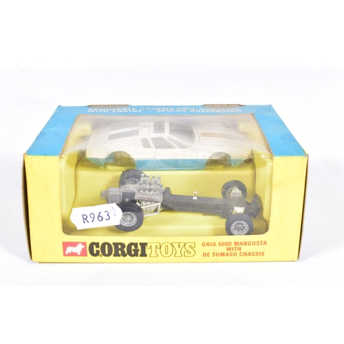 77 - TWO BOXED CORGI TOYS CARS, Ghia 5000 Manjista with De Tomaso chassis, No.271, blue and white version... 