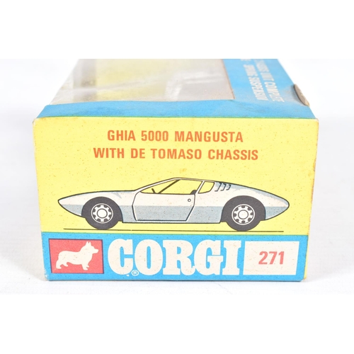 77 - TWO BOXED CORGI TOYS CARS, Ghia 5000 Manjista with De Tomaso chassis, No.271, blue and white version... 