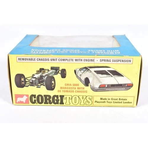 77 - TWO BOXED CORGI TOYS CARS, Ghia 5000 Manjista with De Tomaso chassis, No.271, blue and white version... 