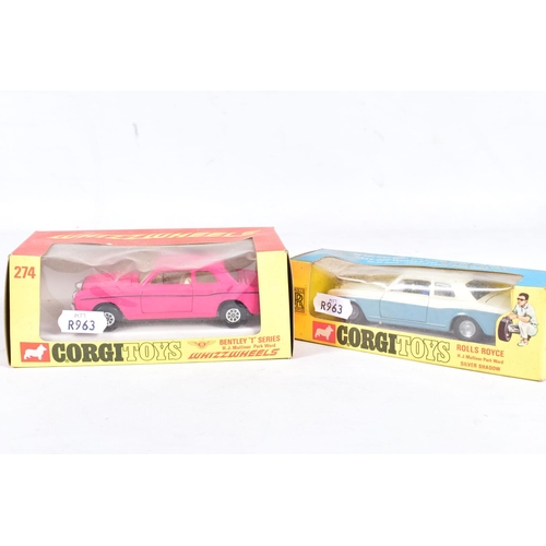 78 - TWO BOXED CORGI TOYS CARS, Golden Jacks wheels Rolls-Royce Silver Shadow, No.273, white over blue/gr... 