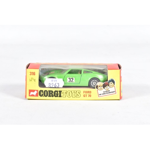 82 - FOUR BOXED CORGI TOYS WHIZZWHEELS RACING CARS, Ford GT70, No.316, Ferrari 206 Dino Sport, No.344, ye... 