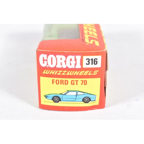 82 - FOUR BOXED CORGI TOYS WHIZZWHEELS RACING CARS, Ford GT70, No.316, Ferrari 206 Dino Sport, No.344, ye... 