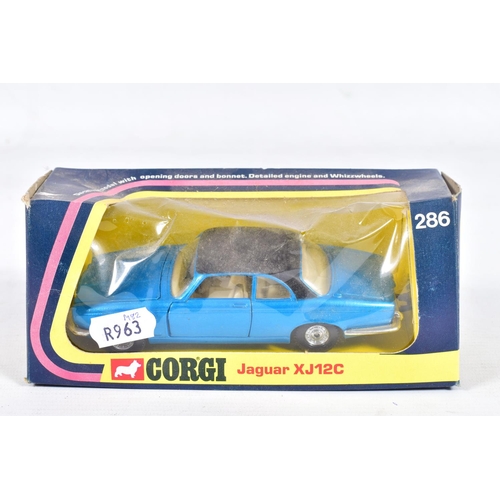 85 - FIVE BOXED CORGI TOYS CAR MODELS, Jaguar XJ12C, No.286, Citroen Dyane, No.287, metallic yellow, Fiat... 