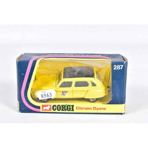 85 - FIVE BOXED CORGI TOYS CAR MODELS, Jaguar XJ12C, No.286, Citroen Dyane, No.287, metallic yellow, Fiat... 